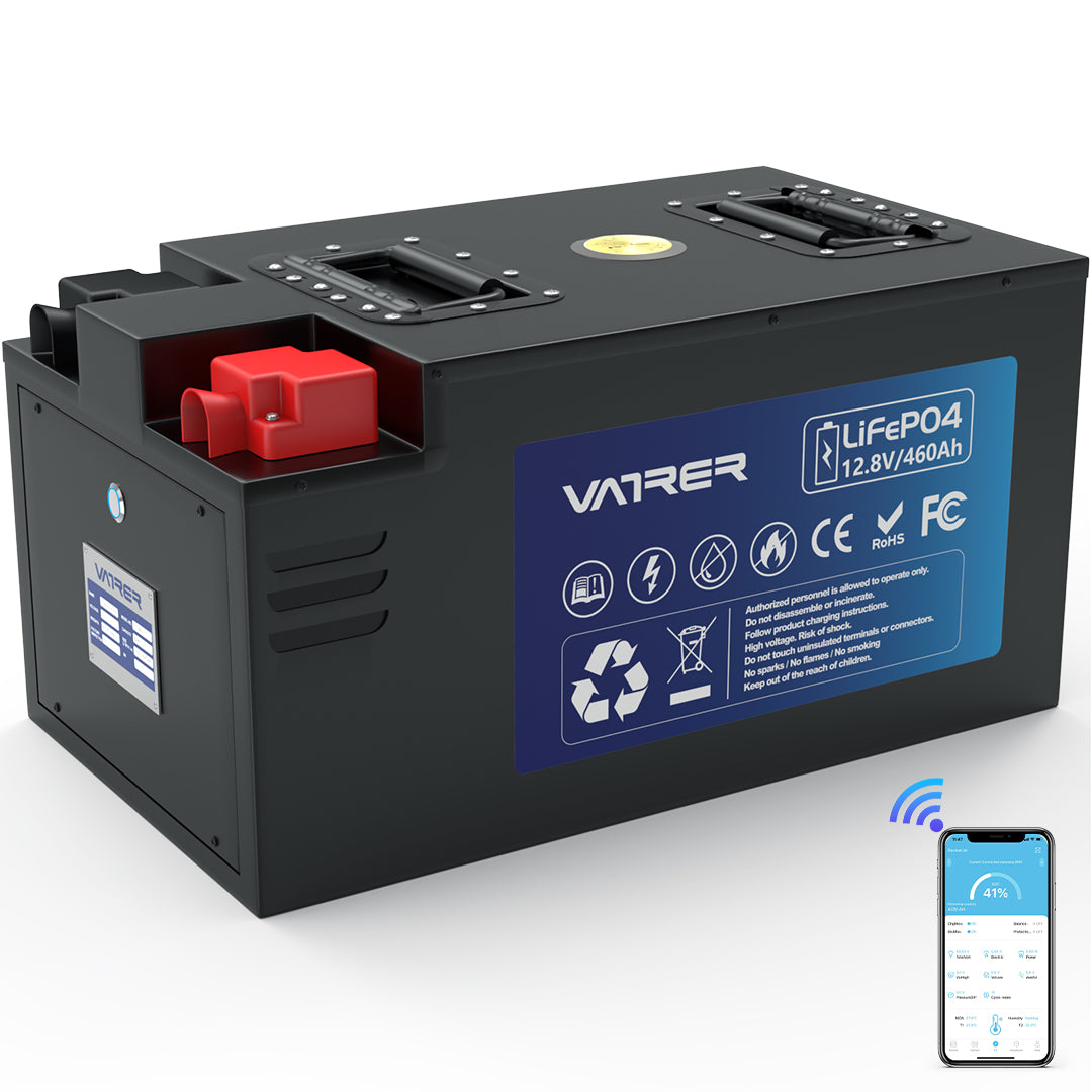 <tc>Vatrer</tc> 12V 460AH LiFePO4 RV-Batterie mit Niedertemperaturabschaltung, integriertes 250A BMS, maximale Ausgangsleistung 3200W – Bluetooth-RV-Version