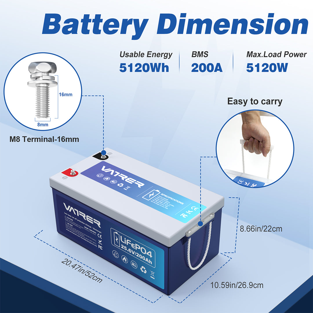 Vatrer 24V 200Ah Lithium Battery, Built-in 200A BMS, 5000+ Cycles - Lo- Vatrer