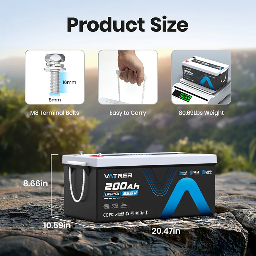 Vatrer 24V 200Ah Self-heating Bluetooth Lithium Battery Size