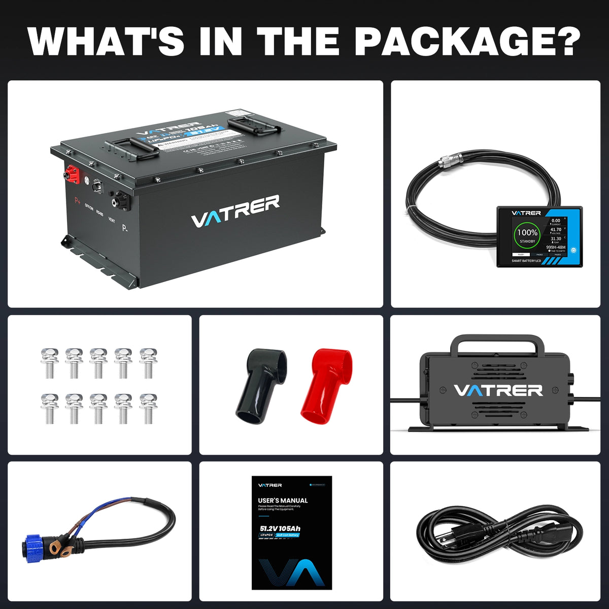 Vatrer 48V 105AH Lithium Golf Cart Battery, 200A BMS, 4000+ Cycles Lithium Battery, Max 10.24kW Power 11