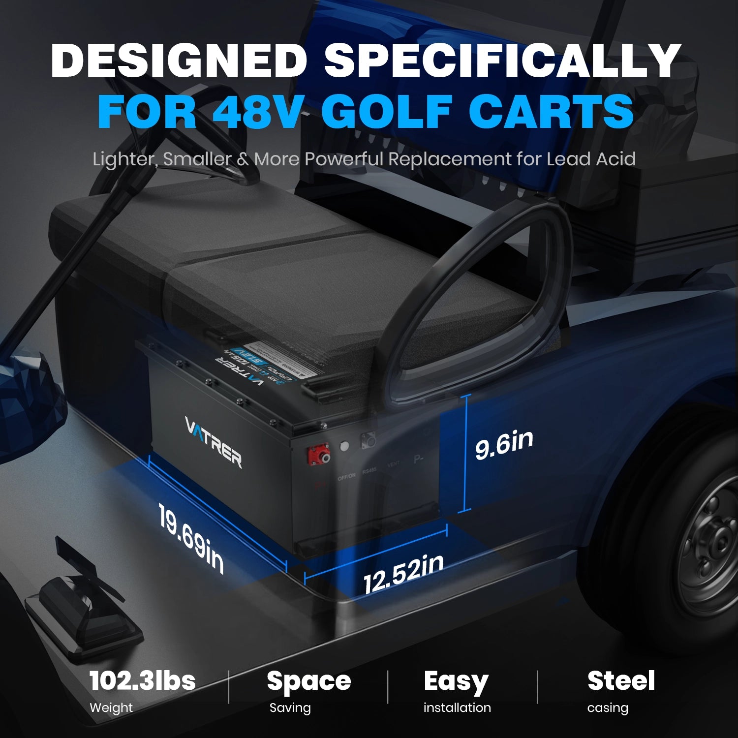 Vatrer 48V 105AH Lithium Golf Cart Battery, 200A BMS, 4000+ Cycles Lithium Battery, Max 10.24kW Power 12
