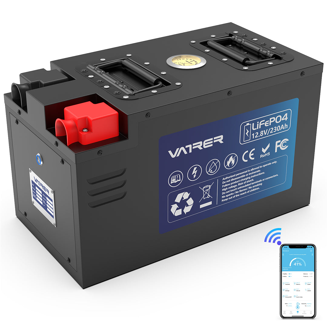 <tc>Vatrer</tc> 12V 230AH LiFePO4-Wohnmobilbatterie mit Niedertemperaturabschaltung, eingebautes 200A-BMS, max. 2944Wh Energie, Bluetooth