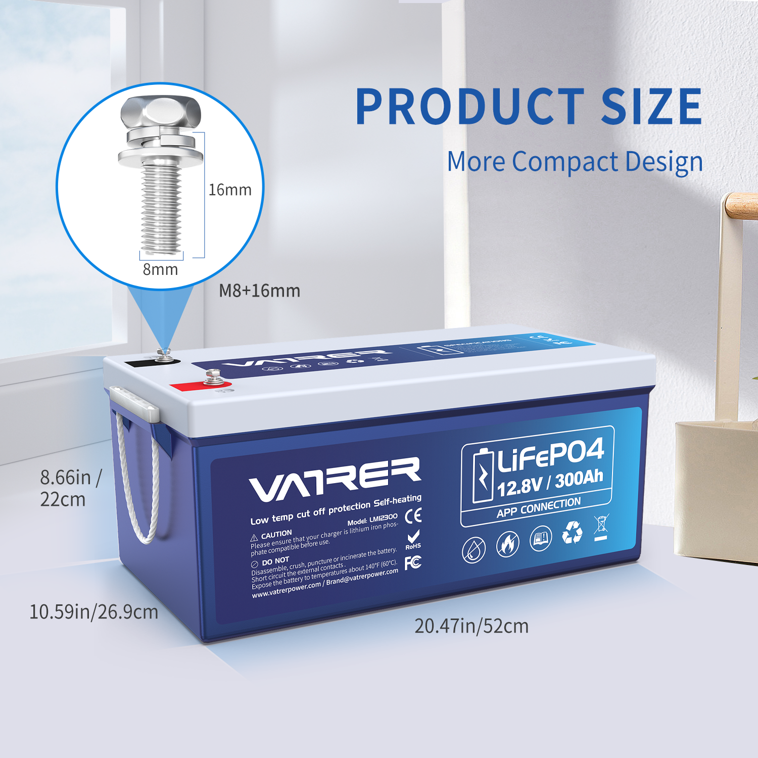 Vatler 12V 300AH Bluetooth LiFePO4 リチウム バッテリー、自己発熱、200A BMS、低温充電 (-4°F) 対応、5000 サイクル以上、2560W 電力