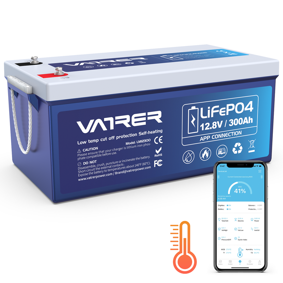 <tc>Vatrer</tc> 12 V 300 AH Bluetooth-LiFePO4-Lithiumbatterie mit Selbsterwärmung, 200 A BMS, unterstützt Laden bei niedriger Temperatur (-4 °F), 5000+ Zyklen, 2560 W Leistung