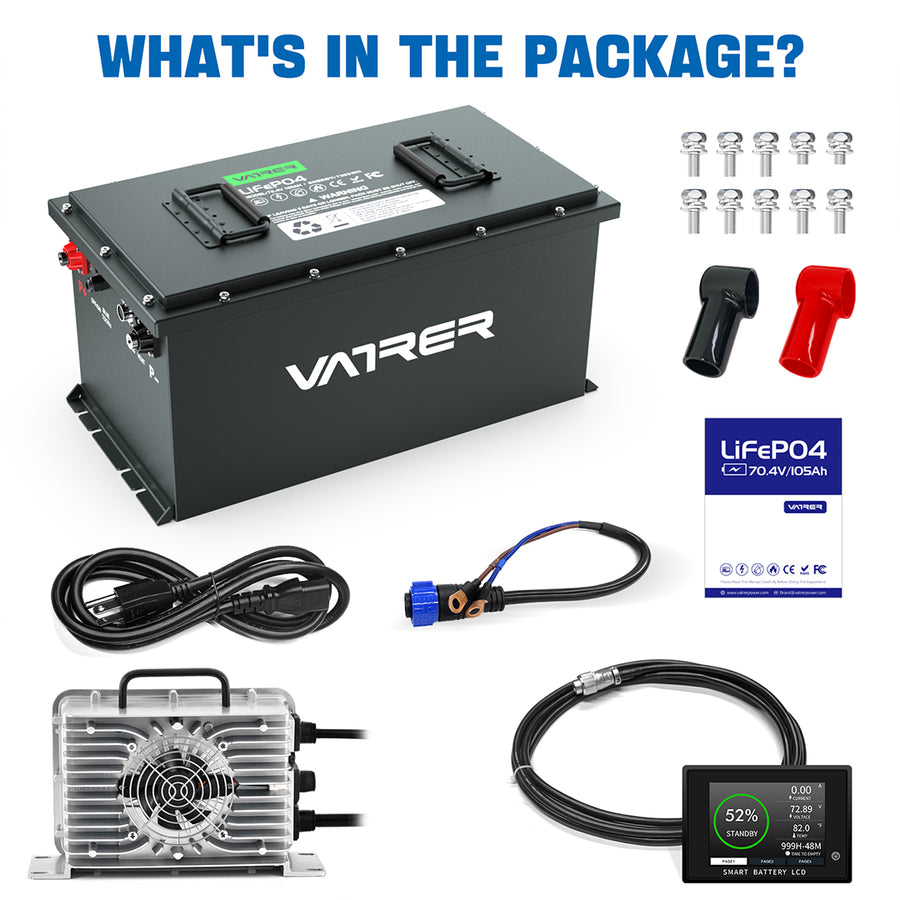 Vatrer 72V(70.4V) 105AH LiFePO4 Golf Cart Battery, Built-in 200A BMS ...