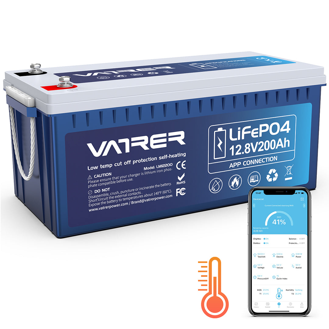 <tc>Vatrer</tc> 12 V 200 Ah Bluetooth-LiFePO4-Lithiumbatterie mit Selbsterhitzung, integriertem 200 A BMS, Lithiumbatterien mit Abschaltung bei niedriger Temperatur