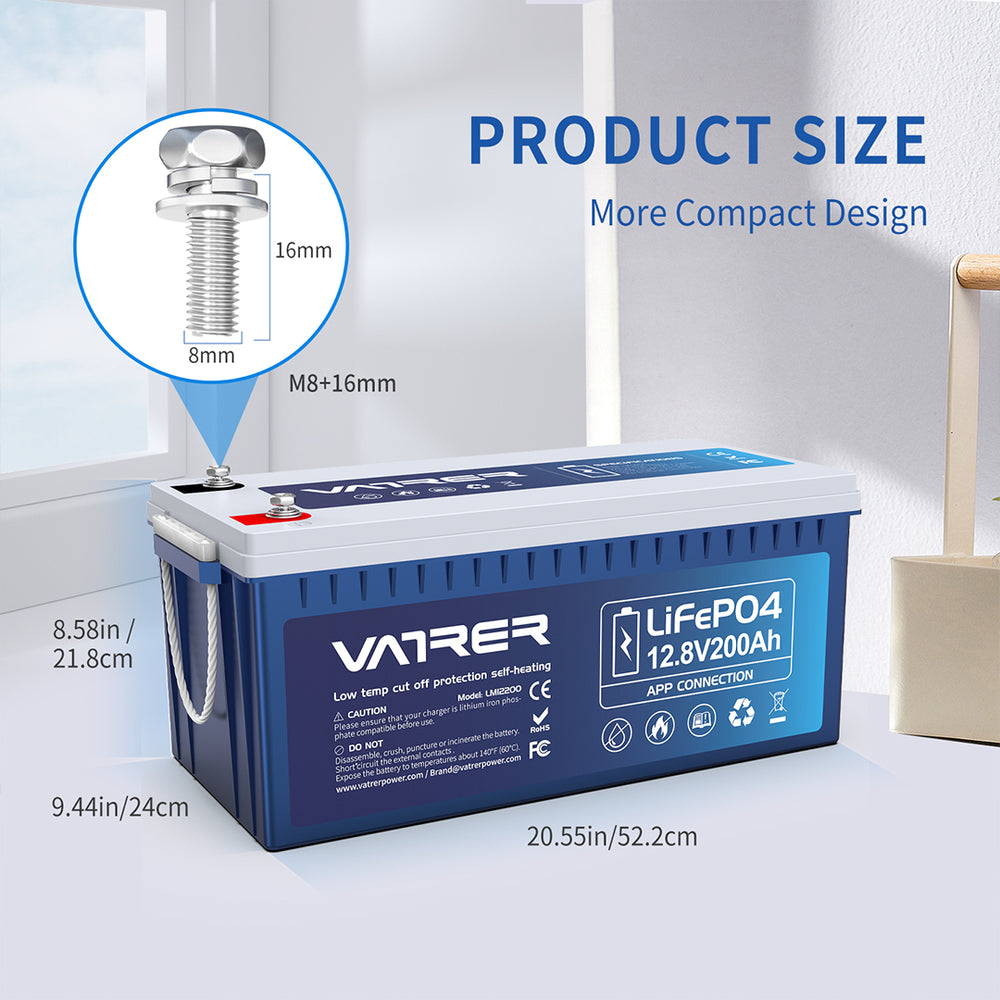 Vatrer 12V 200Ah 200A BMS Bluetooth LiFePO4 Lithium Self-Heated Batter ...