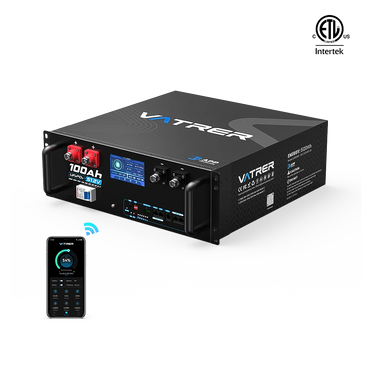 Vatrer 48V 100Ah server rack LiFePO4 battery with touchscreen and Bluetooth app monitoring