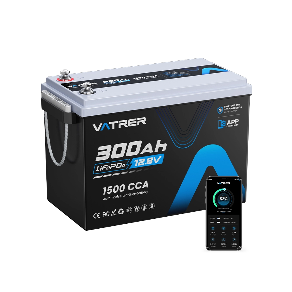 Vatrer 12V 300Ah Bluetooth Deep Cycle Lithium Battery 200A BMS CA