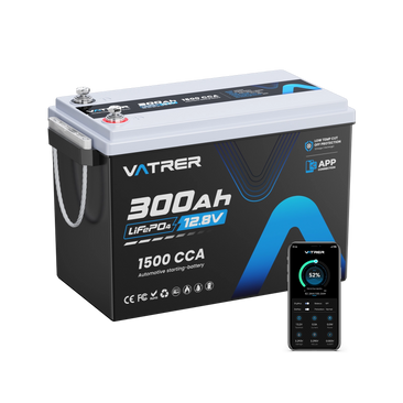Vatrer 12V 300Ah Bluetooth Deep Cycle Lithium Battery 200A BMS CA