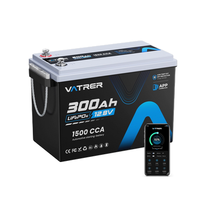Vatrer 12V 300Ah Bluetooth Deep Cycle Lithium Battery 200A BMS CA