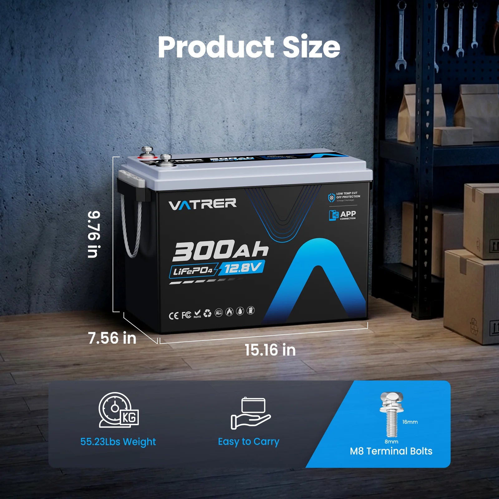 Vatrer 12V 300Ah Size