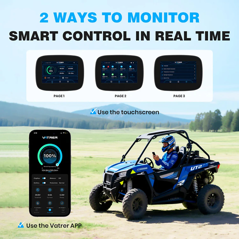 Vatrer 48V 105Ah Lithium Battery for UTV/ATV 2-ways Monitor