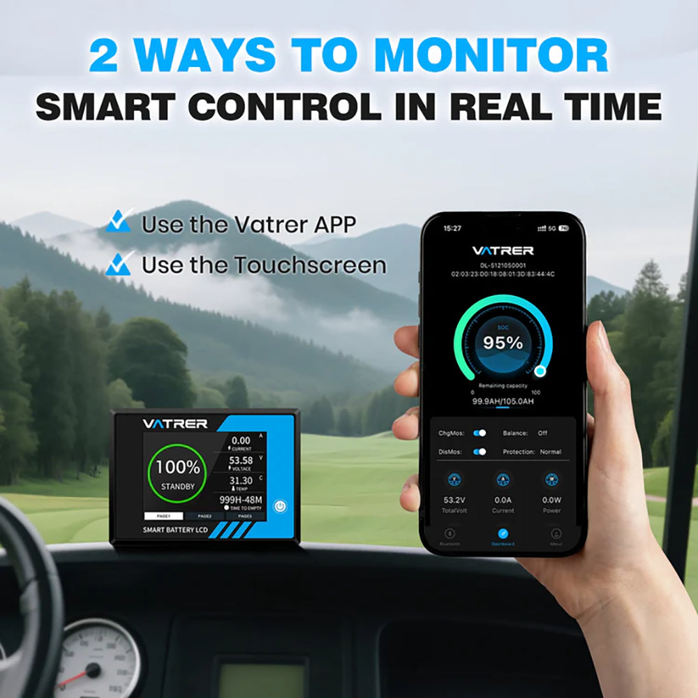 Vatrer 48V 105Ah Mini Lithium Golf Cart Battery 2-ways Monitor