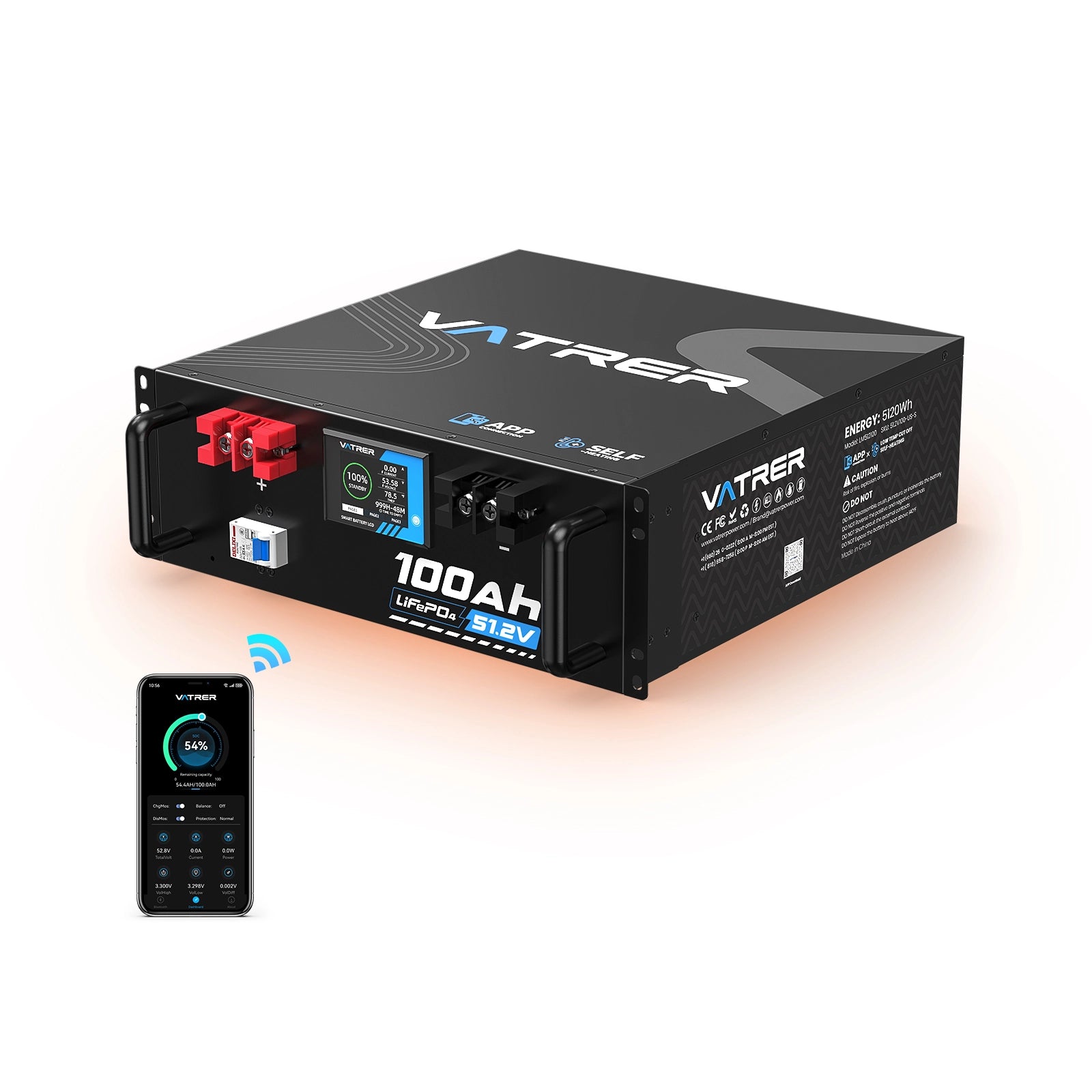 Vatrer 48 V (51,2 V) 100 Ah beheizte Lithium-Solarbatterie, max. 5120 W Ladeleistung, EU