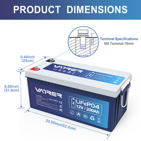 Vatrer 12V 200Ah Plus 200A BMS Low Temp Cutoff Lithium Battery