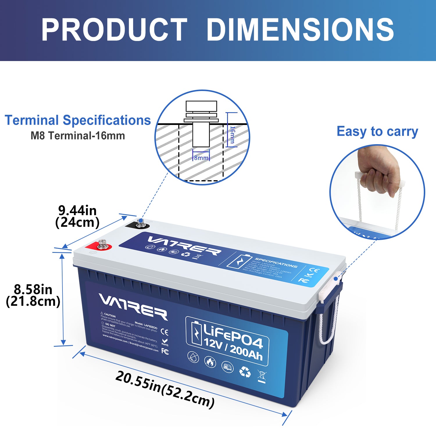Vatrer 12V 200Ah 100A BMS Low Temp Cutoff LiFePO4 Lithium Battery 12