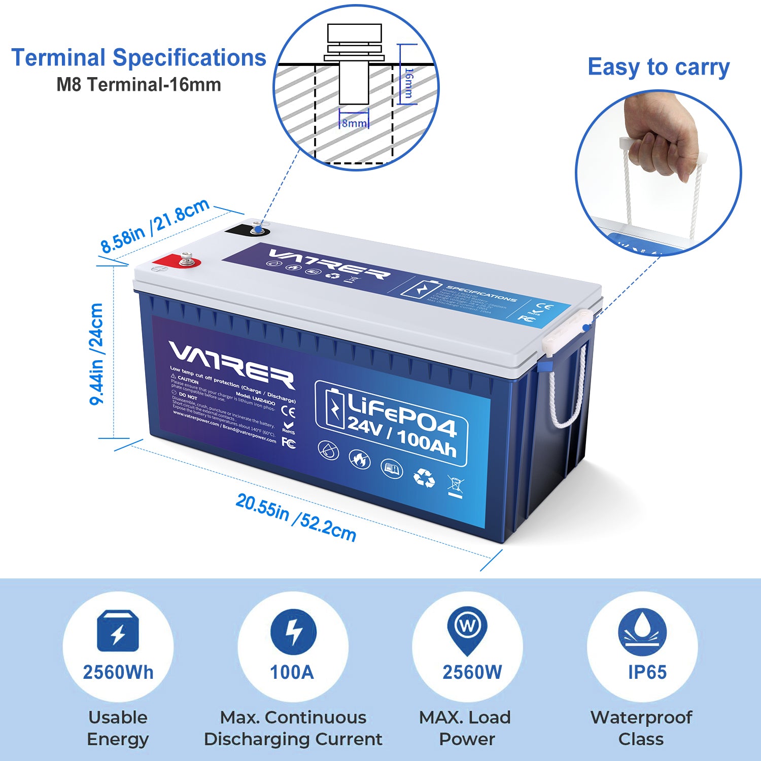 Vatrer 24V 100Ah Bluetooth LiFePO4 Deep Cycle Battery 12