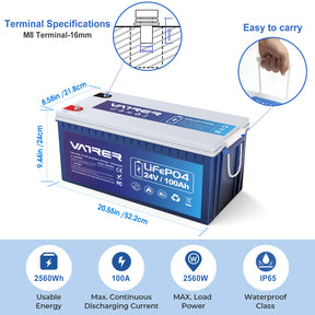 Vatrer 24V 100Ah Bluetooth LiFePO4 Deep Cycle Battery 8
